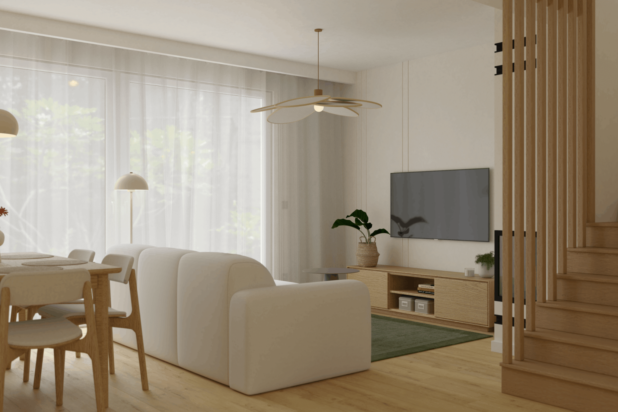 Jasny salon z drewnem i miękką sofą